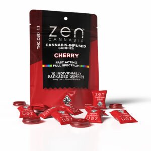 zen gummies cherry 1:1 thc:cbd 10 pack gummies 10mg thc + 10mg cbd per serving