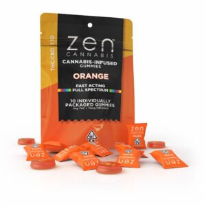 zen gummies orange 1:10 thc:cbd 10 pack gummies 1mg thc + 10mg cbd per serving