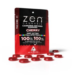 zen gummies cherry 1:1 thc:cbd 10 pack gummies 10mg thc + 10mg cbd per serving