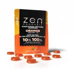 zen gummies orange 1:10 thc:cbd 10 pack gummies 1mg thc + 10mg cbd per serving