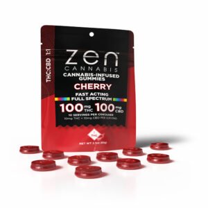 zen gummies cherry 1:1 thc:cbd 10 pack gummies 10mg thc + 10mg cbd per serving
