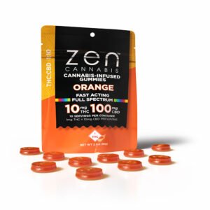 zen gummies orange 1:10 thc:cbd 10 pack gummies 1mg thc + 10mg cbd per serving